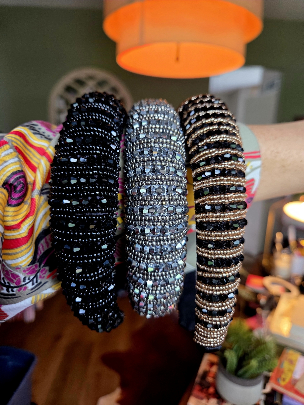 Beaded Padded Headbands Trio - Black, Silver, Gold